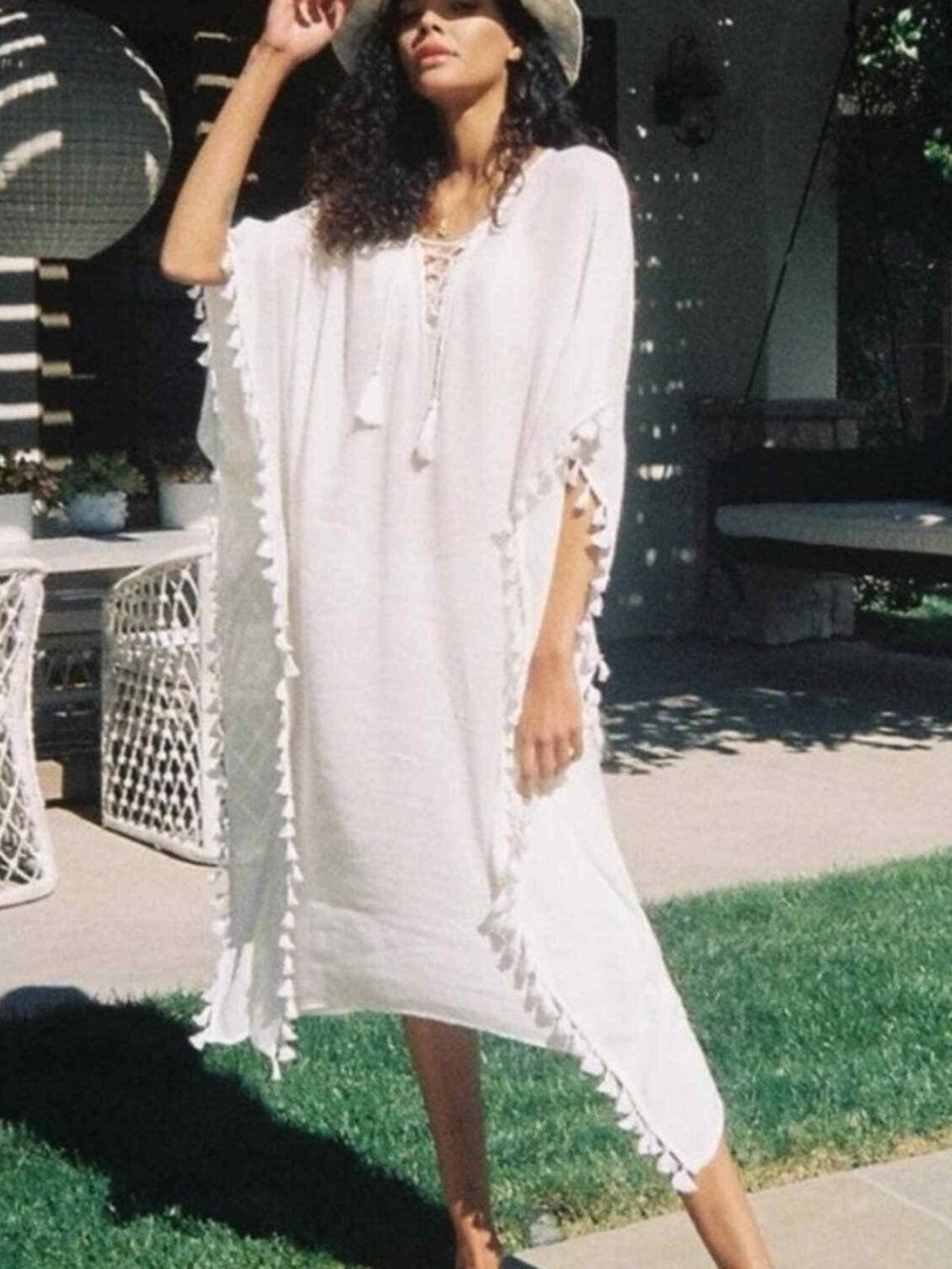 Walter Baker White Tassel-Trim Acapulco Caftan Kaftan Cover-Up Dress One Size